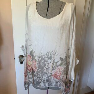 100% Silk Blouse Made in Italy GUSY Floral Print Boxy Sheer Flowy Artsy Fairy